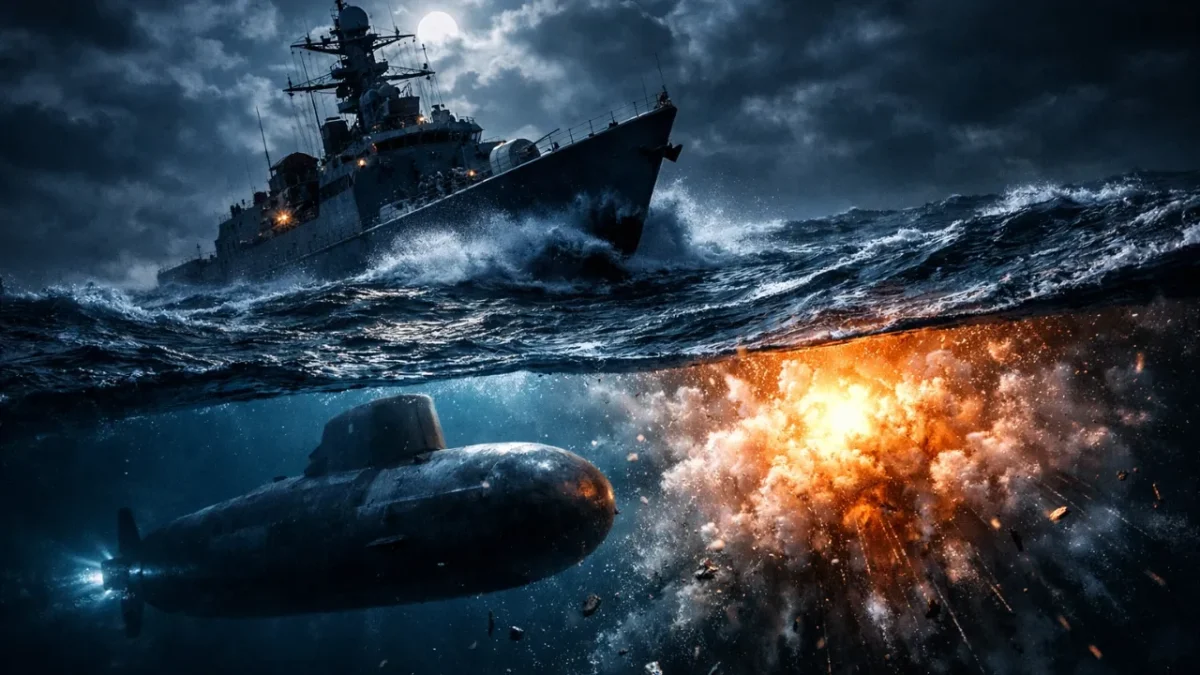 INS Rajput Destroyer dropping depth charges